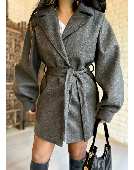 Kadın Balon Kol Kuşaklı Kaşe Kaban