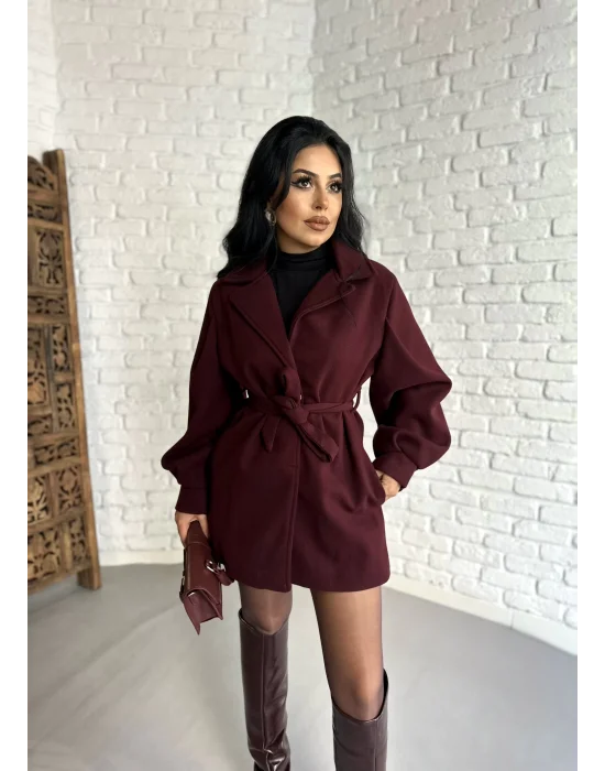 Kadın Balon Kol Kuşaklı Kaşe Kaban