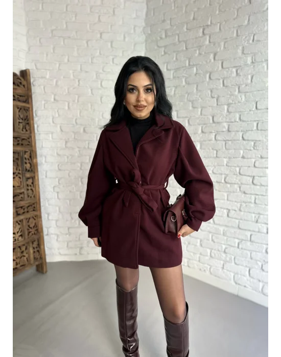 Kadın Balon Kol Kuşaklı Kaşe Kaban