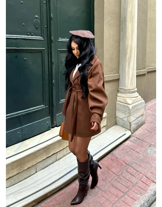 Kadın Balon Kol Kuşaklı Kaşe Kaban