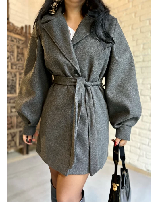 Kadın Balon Kol Kuşaklı Kaşe Kaban