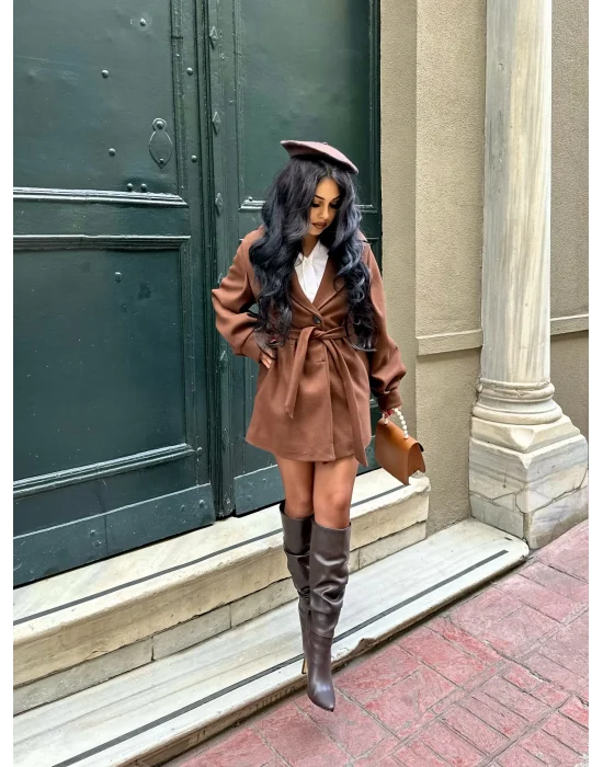 Kadın Balon Kol Kuşaklı Kaşe Kaban