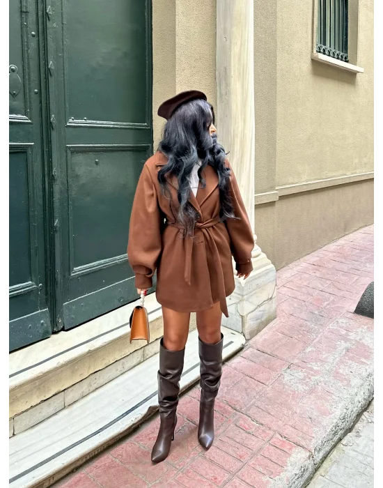 Kadın Balon Kol Kuşaklı Kaşe Kaban