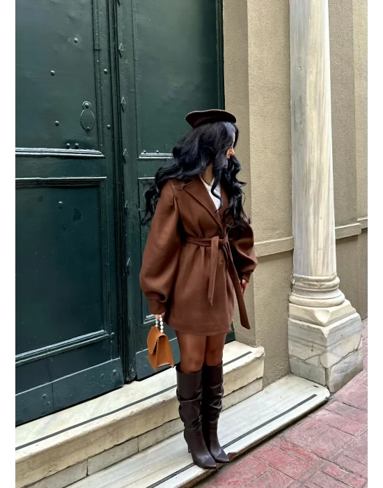 Kadın Balon Kol Kuşaklı Kaşe Kaban