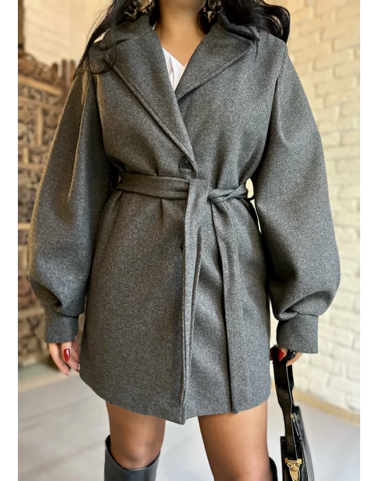 Kadın Balon Kol Kuşaklı Kaşe Kaban