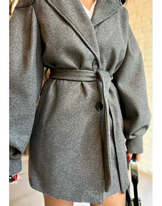 Kadın Balon Kol Kuşaklı Kaşe Kaban