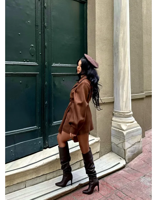 Kadın Balon Kol Kuşaklı Kaşe Kaban