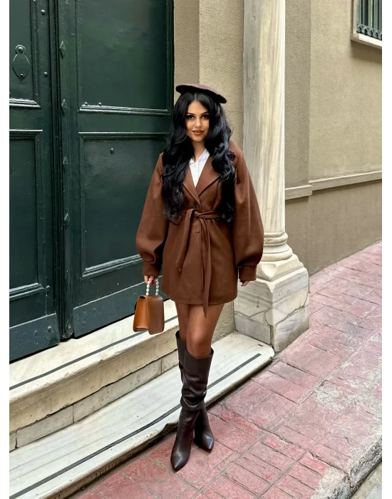 Kadın Balon Kol Kuşaklı Kaşe Kaban