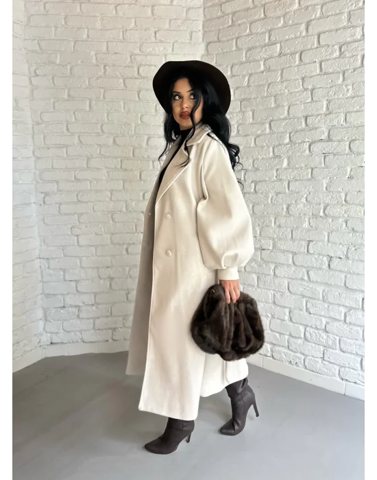 Kadın Balon Kol PREMİUM Astarlı Uzun Kaban