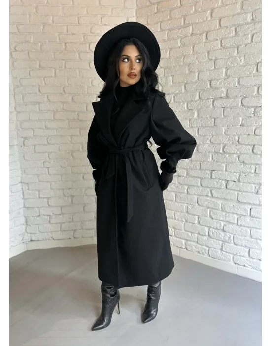 Kadın Balon Kol PREMİUM Astarlı Uzun Kaban