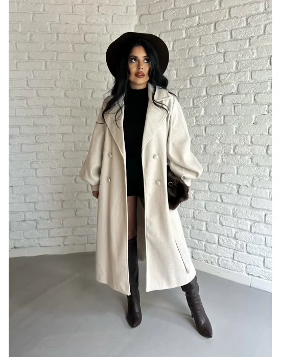 Kadın Balon Kol PREMİUM Astarlı Uzun Kaban