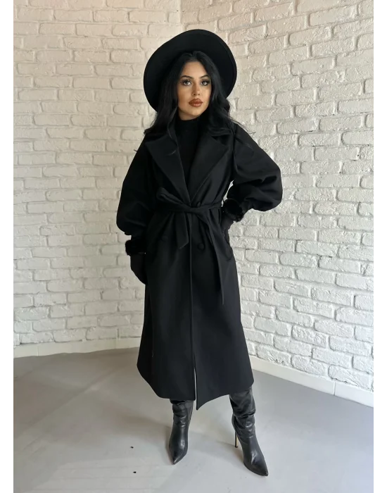 Kadın Balon Kol PREMİUM Astarlı Uzun Kaban