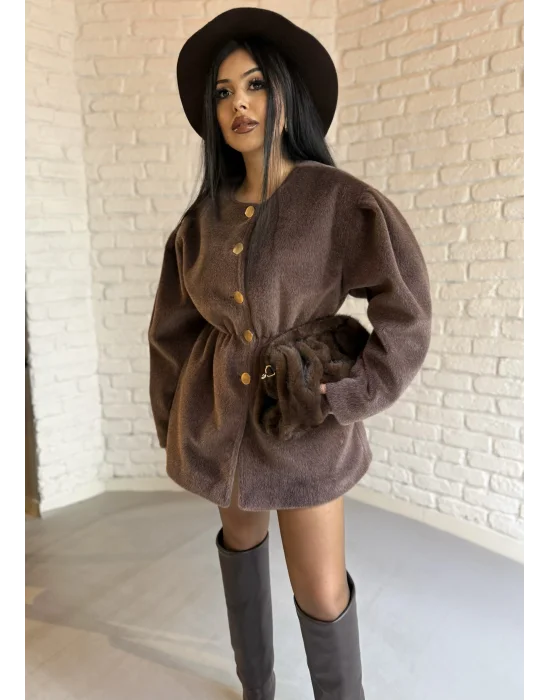 Kadın Beli Lastikli Fox Kumaş Gold Düğmeli Ceket