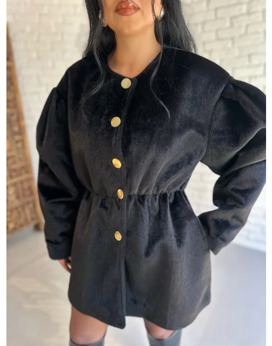 Kadın Beli Lastikli Fox Kumaş Gold Düğmeli Ceket