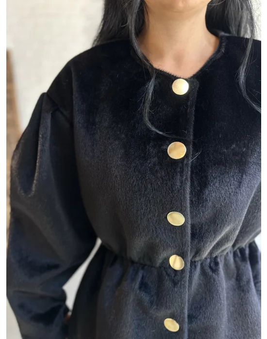 Kadın Beli Lastikli Fox Kumaş Gold Düğmeli Ceket