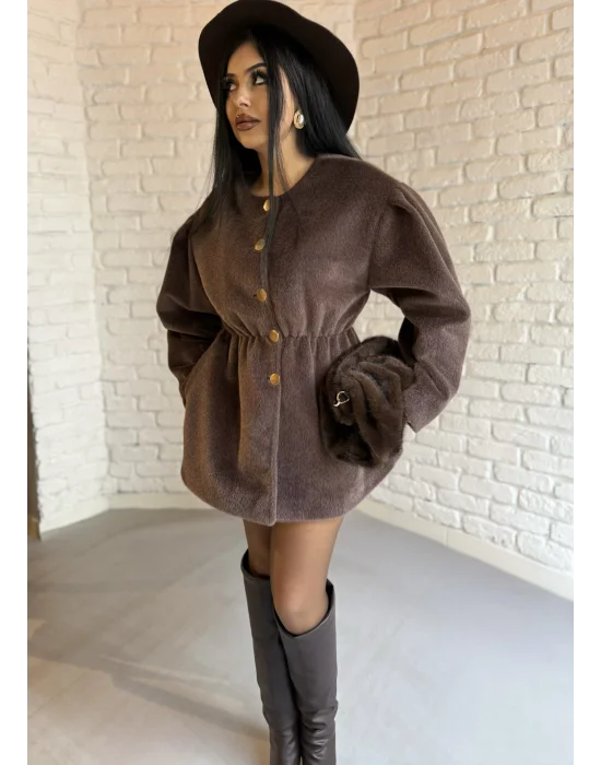 Kadın Beli Lastikli Fox Kumaş Gold Düğmeli Ceket