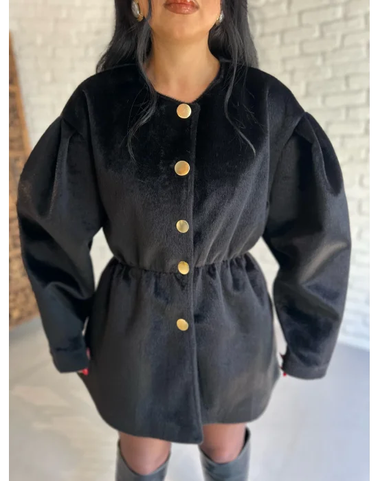 Kadın Beli Lastikli Fox Kumaş Gold Düğmeli Ceket