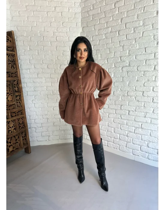 Kadın Beli Lastikli Fox Kumaş Gold Düğmeli Ceket