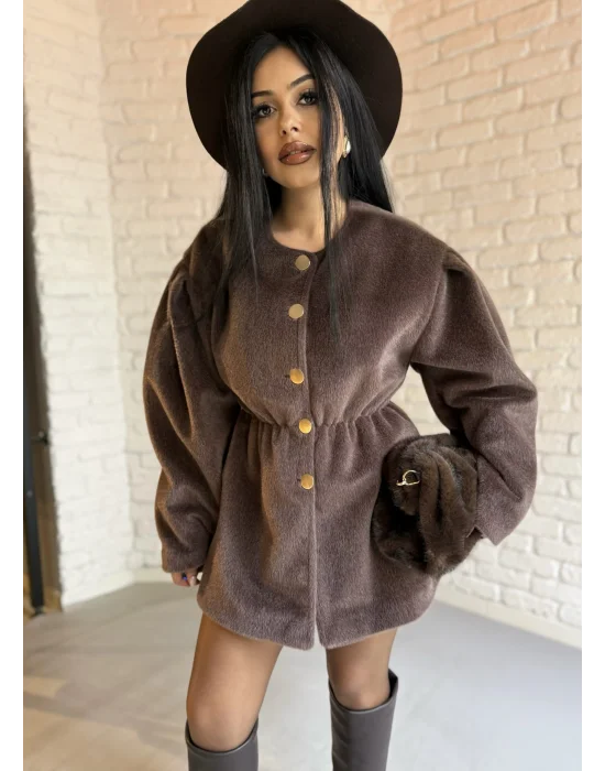 Kadın Beli Lastikli Fox Kumaş Gold Düğmeli Ceket