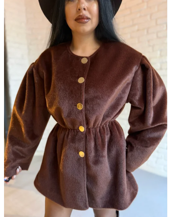 Kadın Beli Lastikli Fox Kumaş Gold Düğmeli Ceket