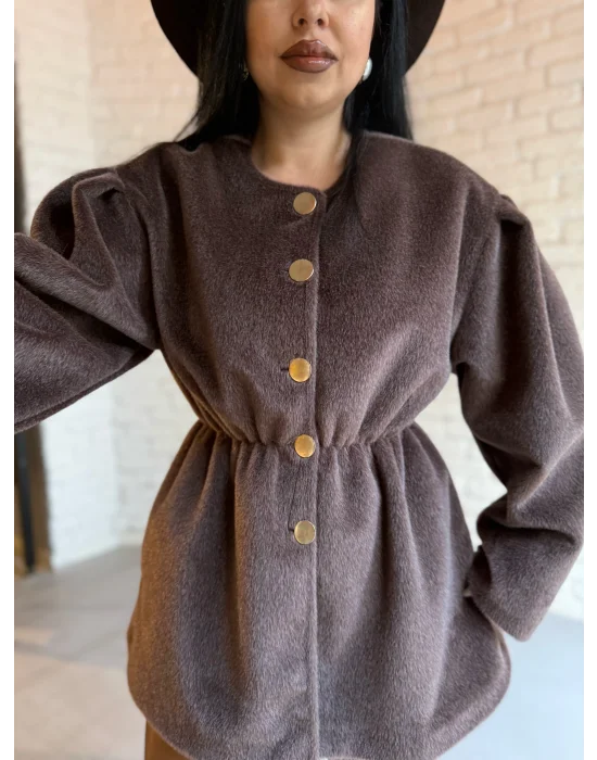 Kadın Beli Lastikli Fox Kumaş Gold Düğmeli Ceket