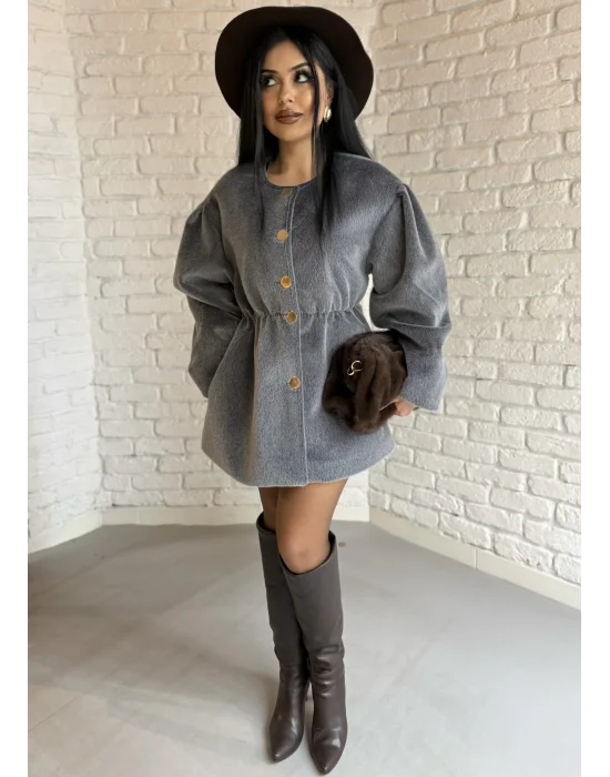 Kadın Beli Lastikli Fox Kumaş Gold Düğmeli Ceket