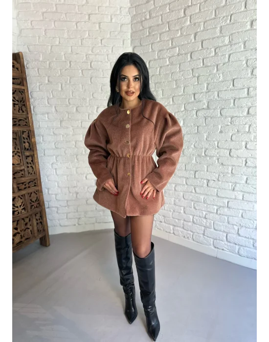 Kadın Beli Lastikli Fox Kumaş Gold Düğmeli Ceket