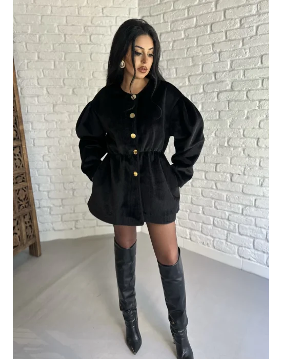 Kadın Beli Lastikli Fox Kumaş Gold Düğmeli Ceket