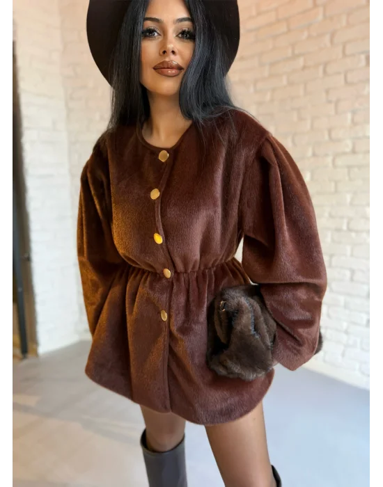 Kadın Beli Lastikli Fox Kumaş Gold Düğmeli Ceket