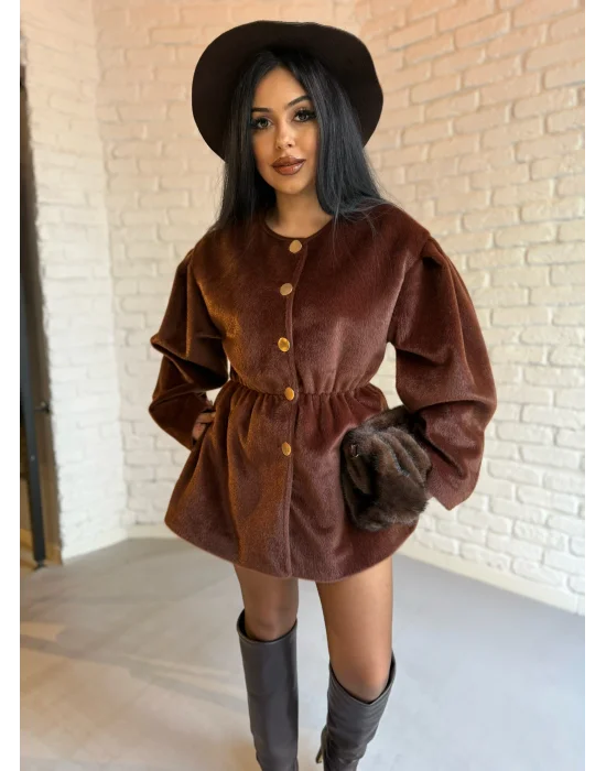 Kadın Beli Lastikli Fox Kumaş Gold Düğmeli Ceket