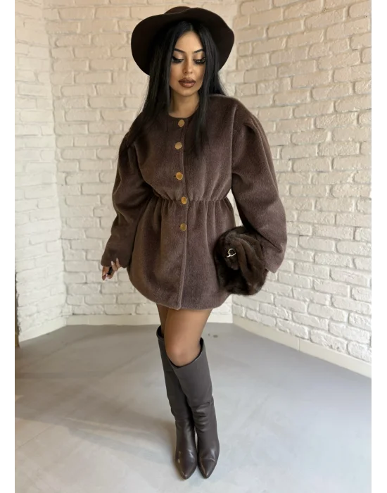 Kadın Beli Lastikli Fox Kumaş Gold Düğmeli Ceket