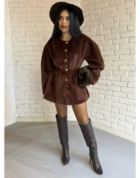 Kadın Beli Lastikli Fox Kumaş Gold Düğmeli Ceket