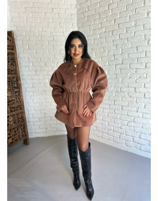 Kadın Beli Lastikli Fox Kumaş Gold Düğmeli Ceket