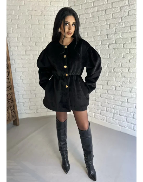 Kadın Beli Lastikli Fox Kumaş Gold Düğmeli Ceket