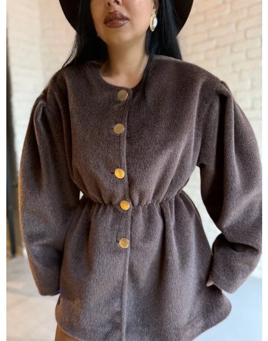 Kadın Beli Lastikli Fox Kumaş Gold Düğmeli Ceket