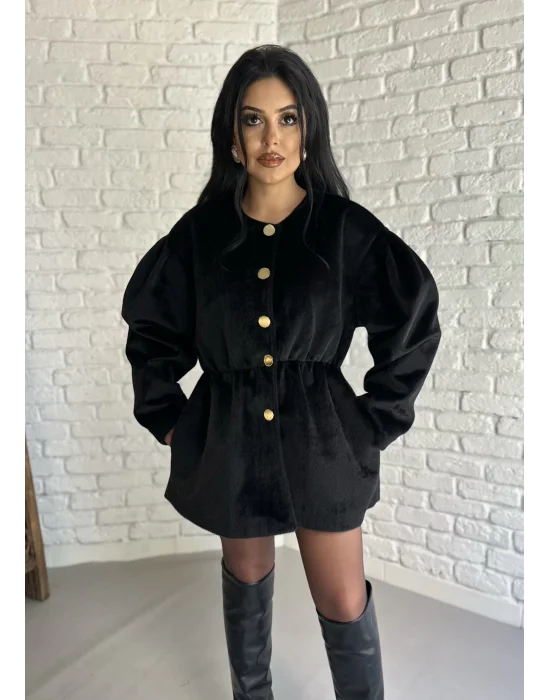 Kadın Beli Lastikli Fox Kumaş Gold Düğmeli Ceket