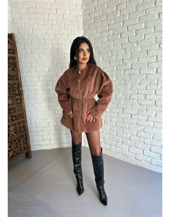 Kadın Beli Lastikli Fox Kumaş Gold Düğmeli Ceket