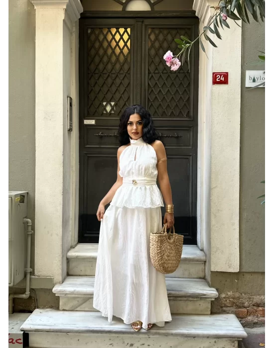 Kadın Beyaz Yaka Halter Yaka Ve Etek Tasarım Takım