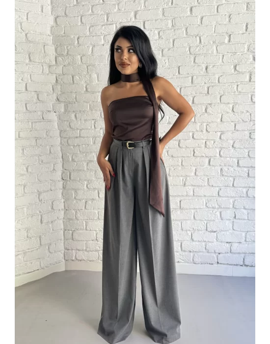Kadın Bol Paça Pileli Kemerli Palazzo Pantolon
