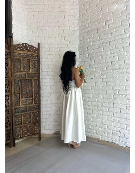 Kadın Boyundan Bağlamalı Altı Tül Bağçıklı Prenses Elbise