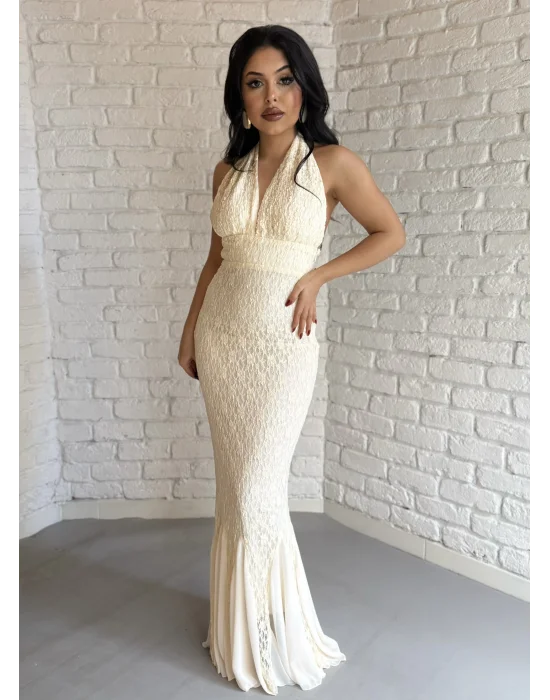 Kadın Boyundan Bağlamalı Dantelli Uzun Elbise