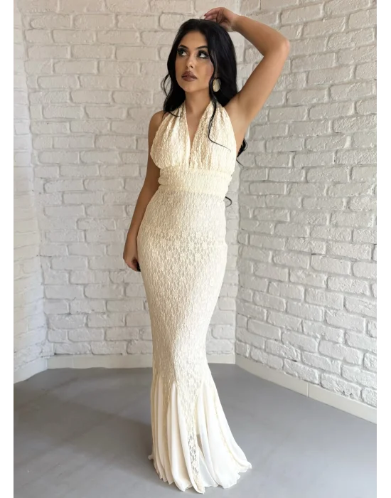 Kadın Boyundan Bağlamalı Dantelli Uzun Elbise