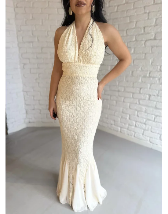 Kadın Boyundan Bağlamalı Dantelli Uzun Elbise