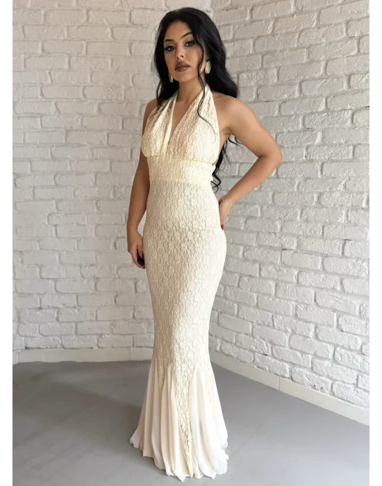 Kadın Boyundan Bağlamalı Dantelli Uzun Elbise