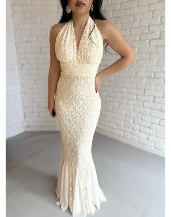 Kadın Boyundan Bağlamalı Dantelli Uzun Elbise