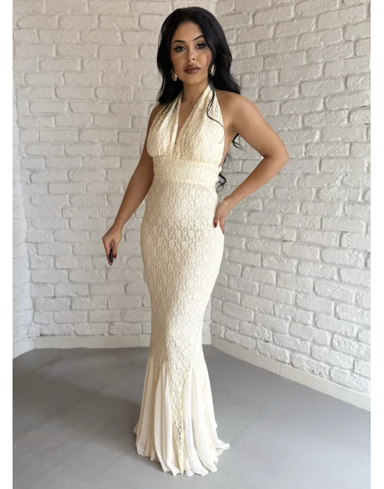 Kadın Boyundan Bağlamalı Dantelli Uzun Elbise