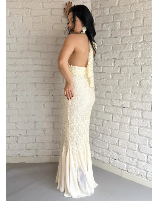 Kadın Boyundan Bağlamalı Dantelli Uzun Elbise