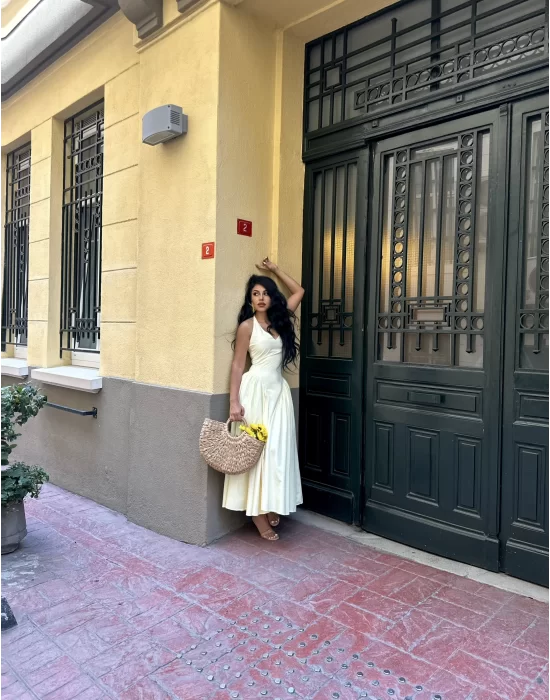 Kadın Boyundan Bağlamalı Kabarık Poplin Midi Elbise