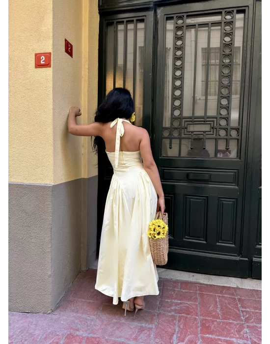 Kadın Boyundan Bağlamalı Kabarık Poplin Midi Elbise
