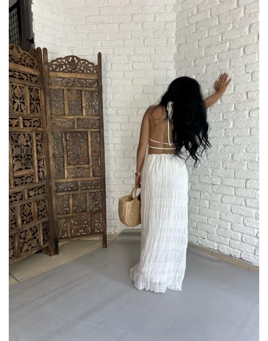 Kadın Boyundan Bağlamalı Sırtı Açık Büstiyer Ve Etek Takım